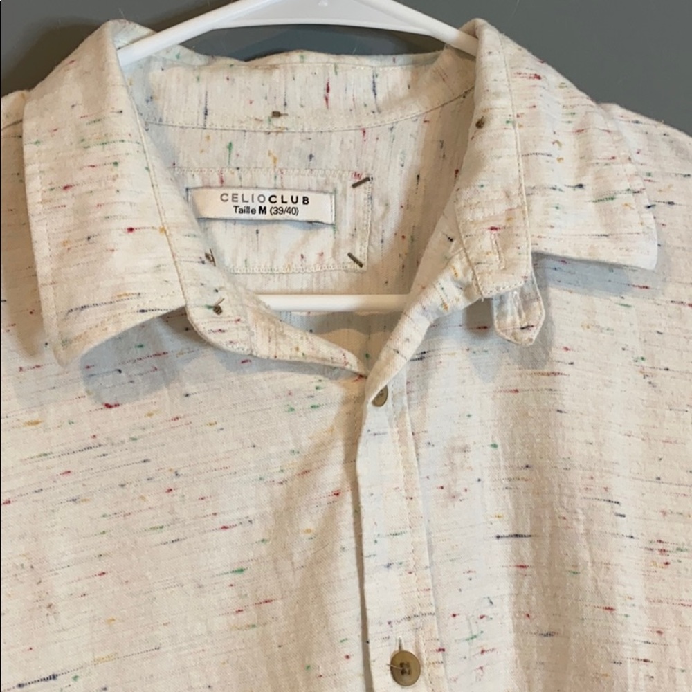 Cream dress shirt w/ multi color stitches